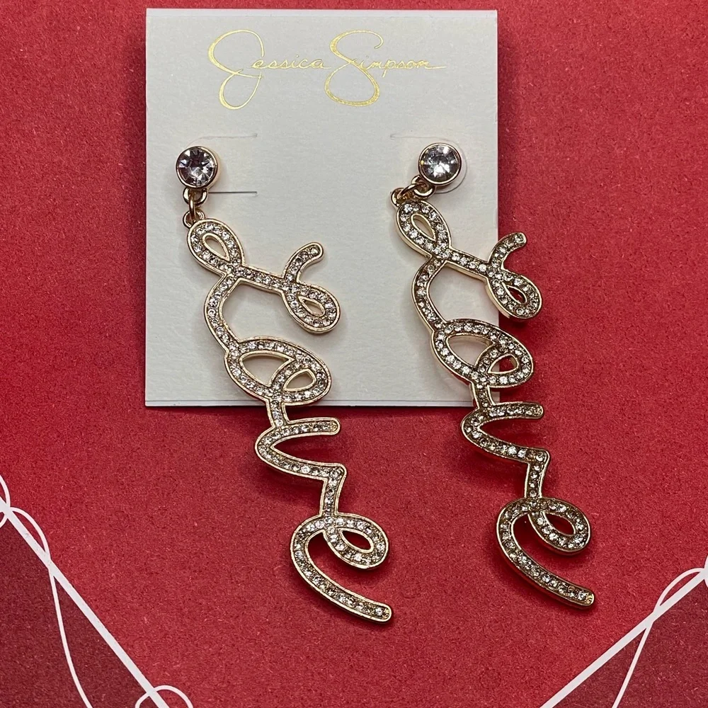 NWT Jessica Simpson LOVE Earrings, Goldtone Crystal Sparkly Valentine’s Day - Picture 1 of 5